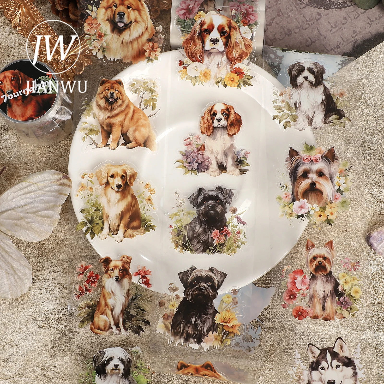 

JIANWU 60mm*252cm Cute Animal Dog Collection Flower Landscape Material Collage PET Tape Creative Journal Scrapbook Stationery