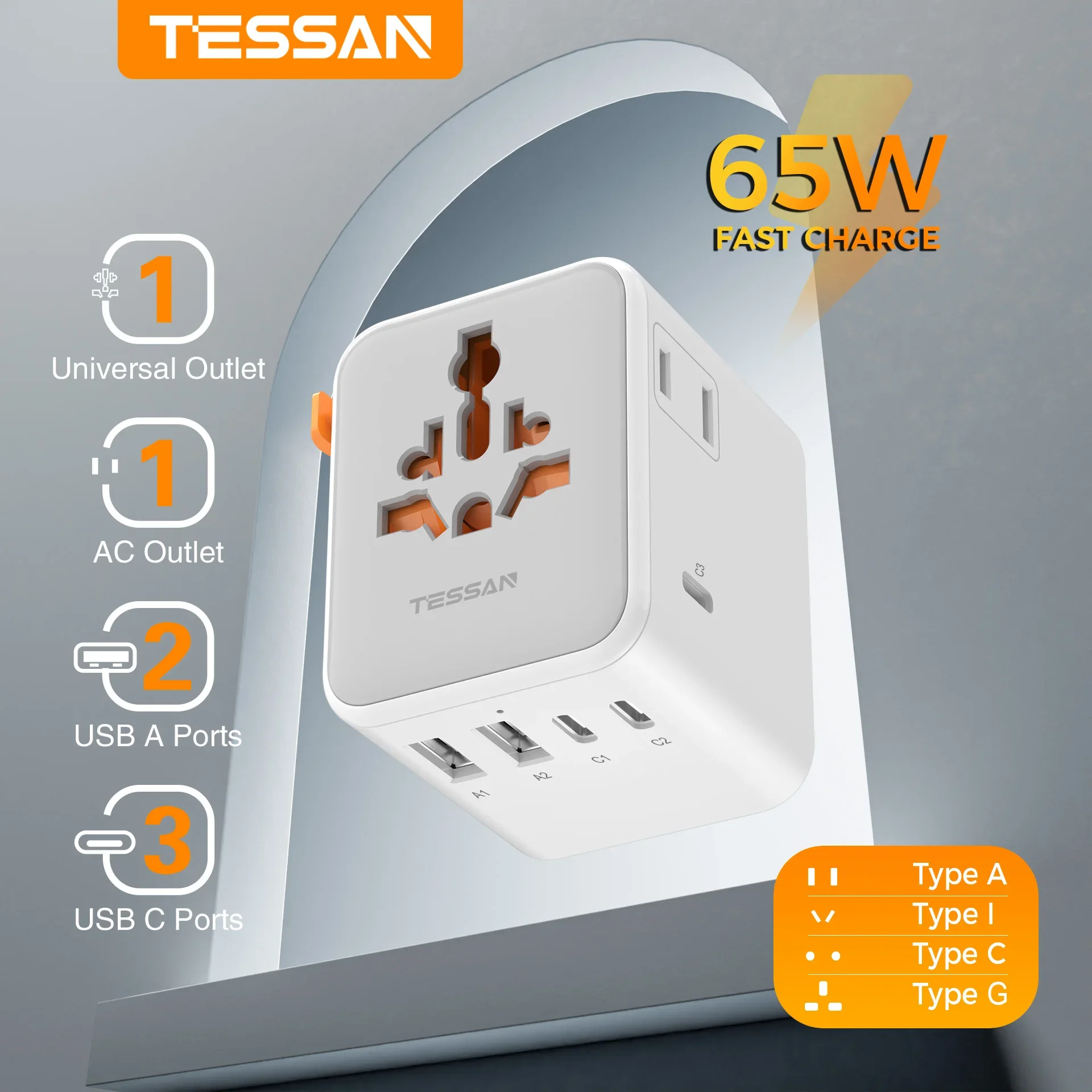 TESSAN 65W GaN Universal International Plug Adapter with AC Outlet USB Type C 100W 140W 28W 20W Travel Essentials for EU/UK/US