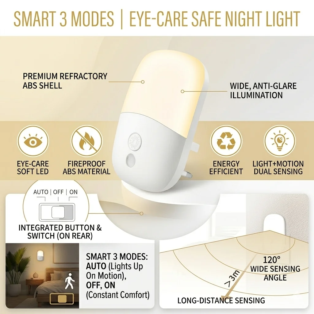 Dimmable Warm White LED Night Light with Sensor Plug-in for Bedroom Bathroom Hallway Kids & Adults Suitable Plug-in Night Light