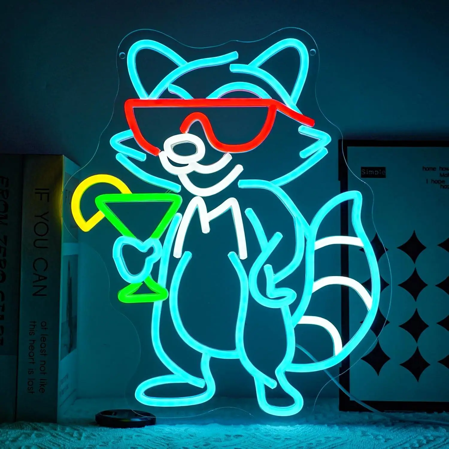 Raccoon With Sunglasses Cocktail Neon Sign Dimmable LED Light For Home Bar Man Cave Cocktail Lounge Wall Decor Signboard Light