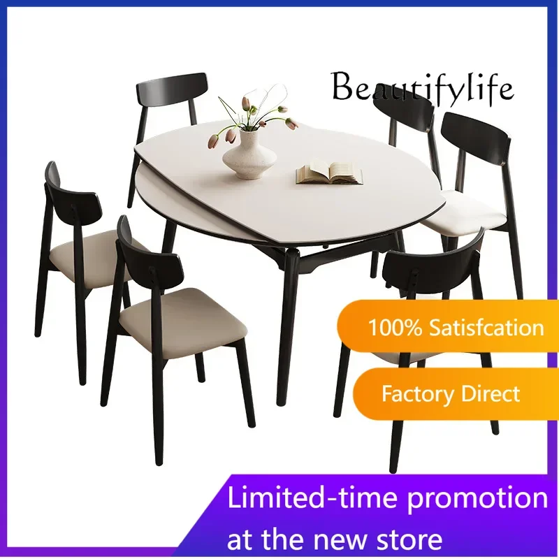 N Household folding rock slab round table black minimalist American retro retractable solid wood round dining table