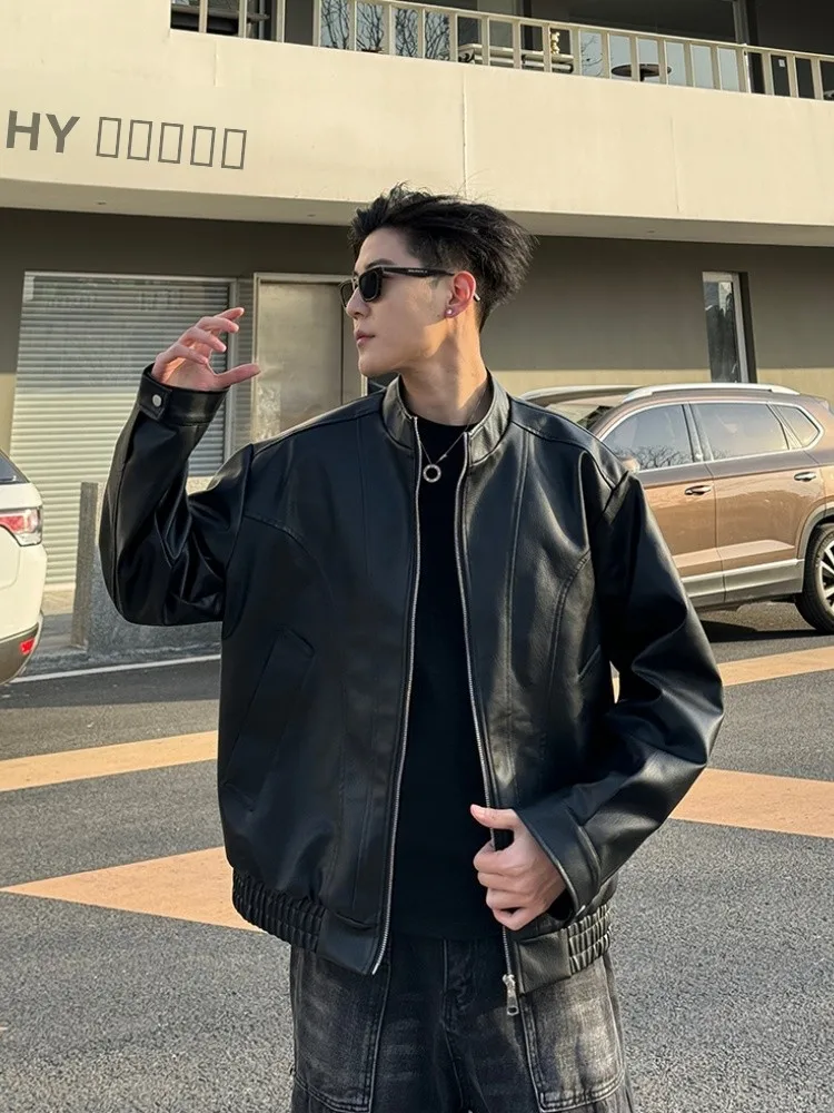 

Мужская весенняя куртка Bla Deconstructed из кожи с элементами пэчворка, в уличном стиле, мотоциклетная, с воротником-стойкой