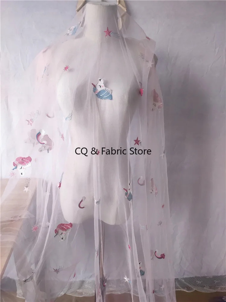 Pink Mesh Embroidery Lace Fabric Cartoon Animal Unicorn Embroidered Tulle Fabric DIY Skirt Women's Children's Clothing Fabric