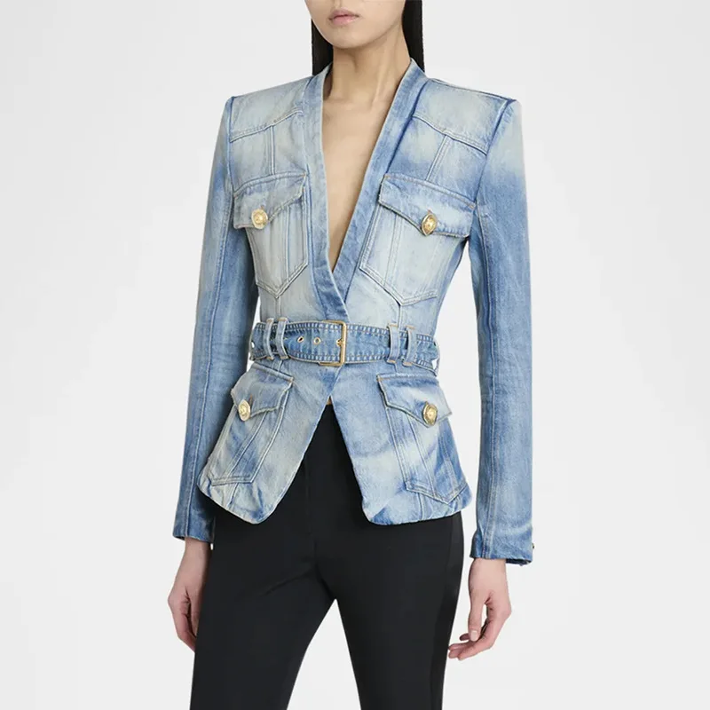 

Женская приталенная джинсовая куртка с поясом и длинными рукавами, осенняя модная стильная повседневная верхняя одежда