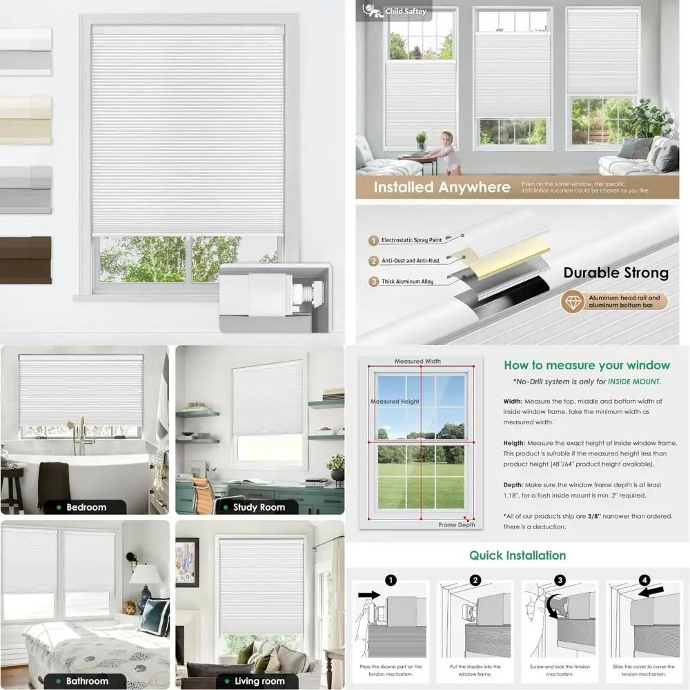 

Cordless Cellular Blackout Shades for Home - No Tools or Drill Needed, Honeycomb Design for Thermal Insulation and Light Blockin