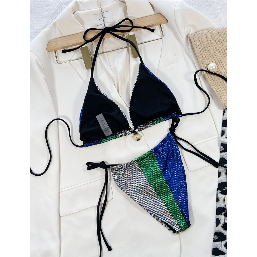 Sexy, kariertes Halter-Bikini-Set mit glänzenden Details, Damen-Badeanzug, zweiteiliger Bikini, Badebekleidung, Badeanzug für Damen, V4184 – Detail 9