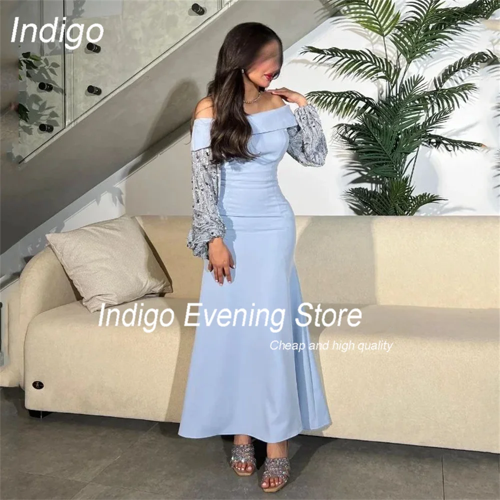 Indigo Elegant Mermaid Off The Shoulder Long Sleeve Open Back Lace Evening Dress Party Prom Gown Formal فساتين السهرة Customized