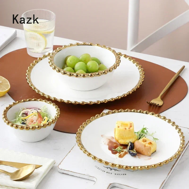 Lekki luksusowy talerz ceramiczny ze złotą perłą Nordic Western Talerze i miski Spaghetti Dish Dessert Salad Dish Zastawa stołowa