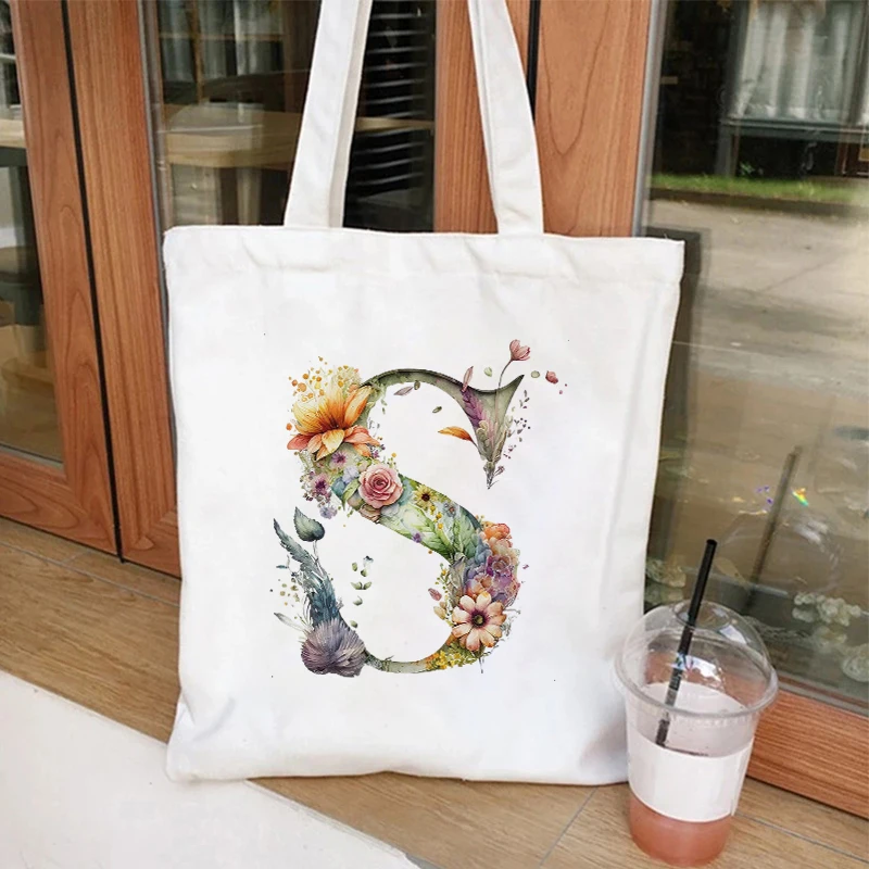 Torebki damskie o dużej pojemności 26, alfabet A-Z Torby na ramię Shopper Canvas Letter Fashion Flower Trend Białe torby z grubej bawełny