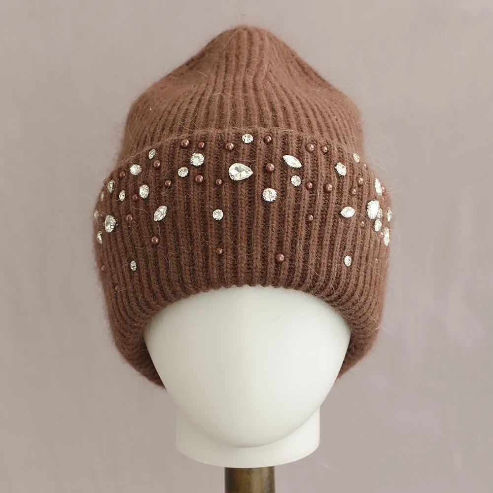 Angora Hat Rhinestone Women Winter Knit Beanie Warm Accessory For Autumn Cold Weather Skiing Outdoor Sports Holiday