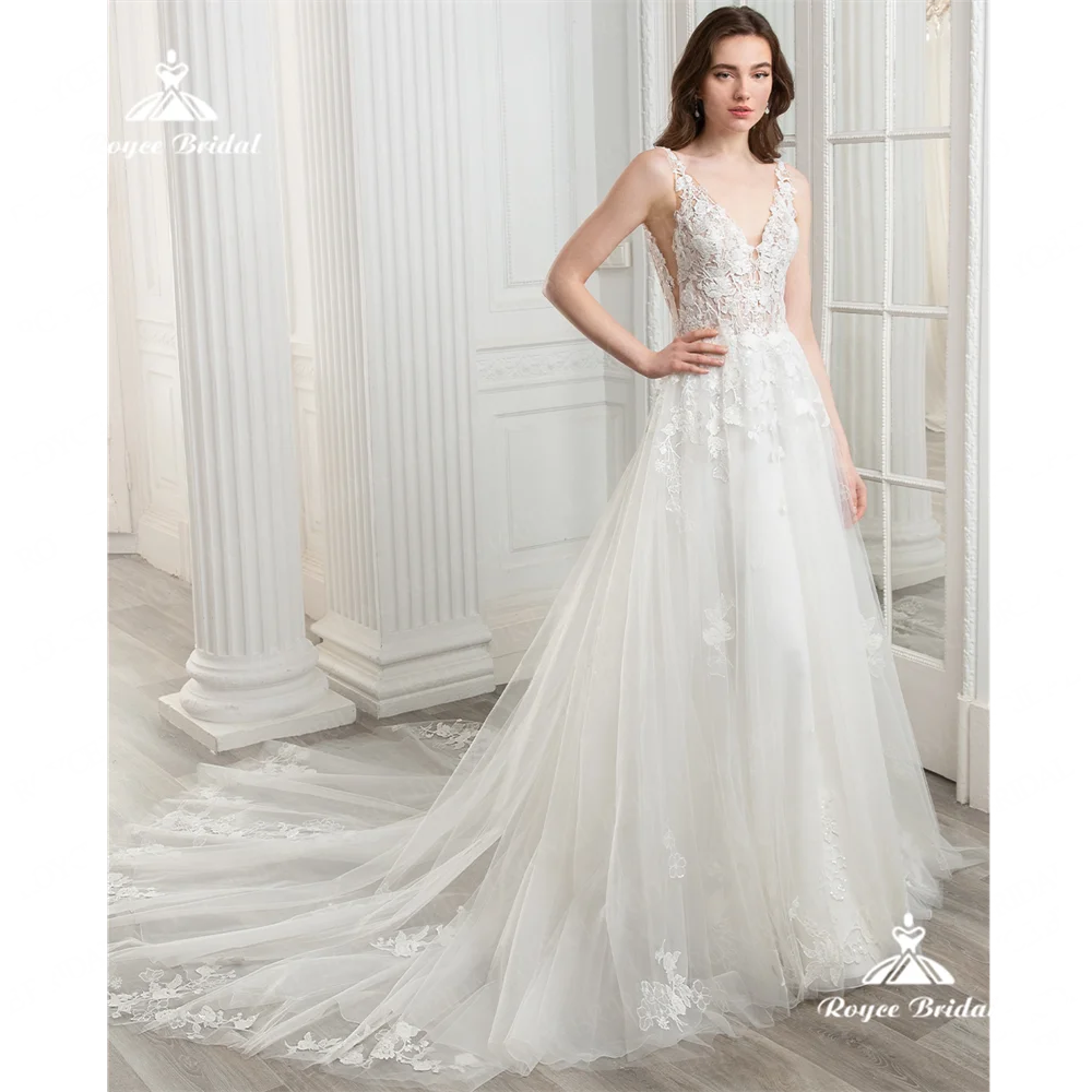 Roycebridal-vestido de noiva em V para mulheres, linha A, sem encosto, trem tribunal, vestido de casamento, traje feminino, 2020