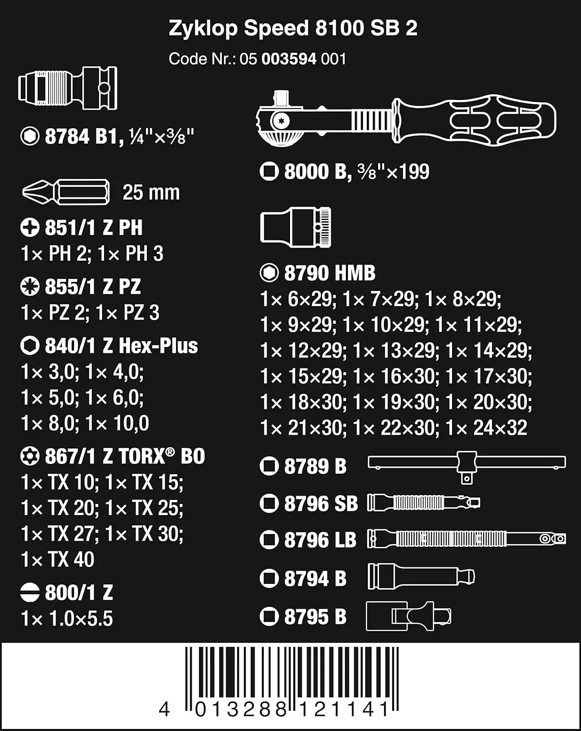 5003594001 8100 Sb 2 Zyklop 3/8 "Metrische Ratelset (Stuk 43)