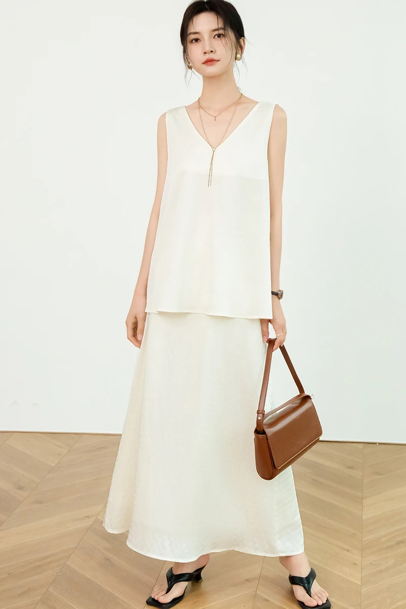 

Женский летний комплект: жилет и юбка А-силуэта, простой, элегантный, плиссированный, из полиэстера, модный...