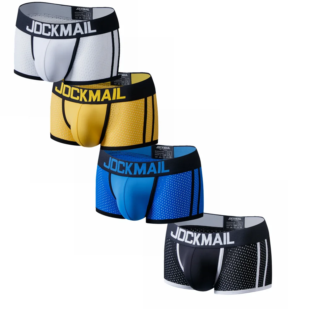 JOCKMAIL 브랜드 남성 메쉬 속옷 복서, Calzoncillos Hombre 게이 잠옷, Cueca 복서, 통기성 가랑이 남성 팬티 반바지