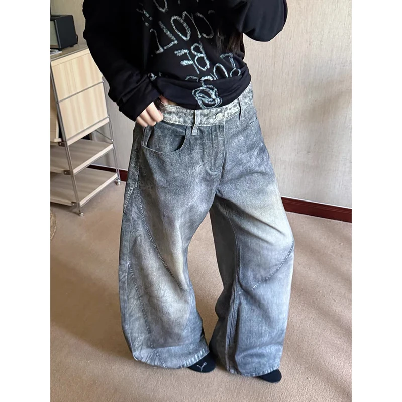 ZHIZOU Женские мешковатые широкие джинсы Серые джинсовые брюки Американский винтаж 2000-х годов Bleach High Street Y2K Японский Harajuku Ковбойский гранж