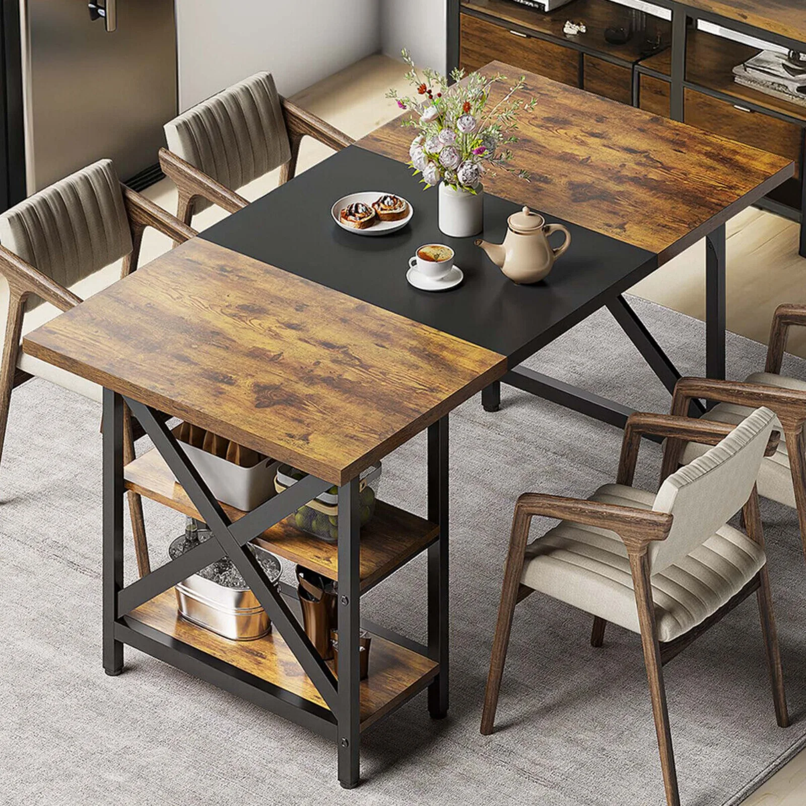 US  70'' Large Wood Metal Dining Table for 4-6 People Rectangular Wood Kitchen Table