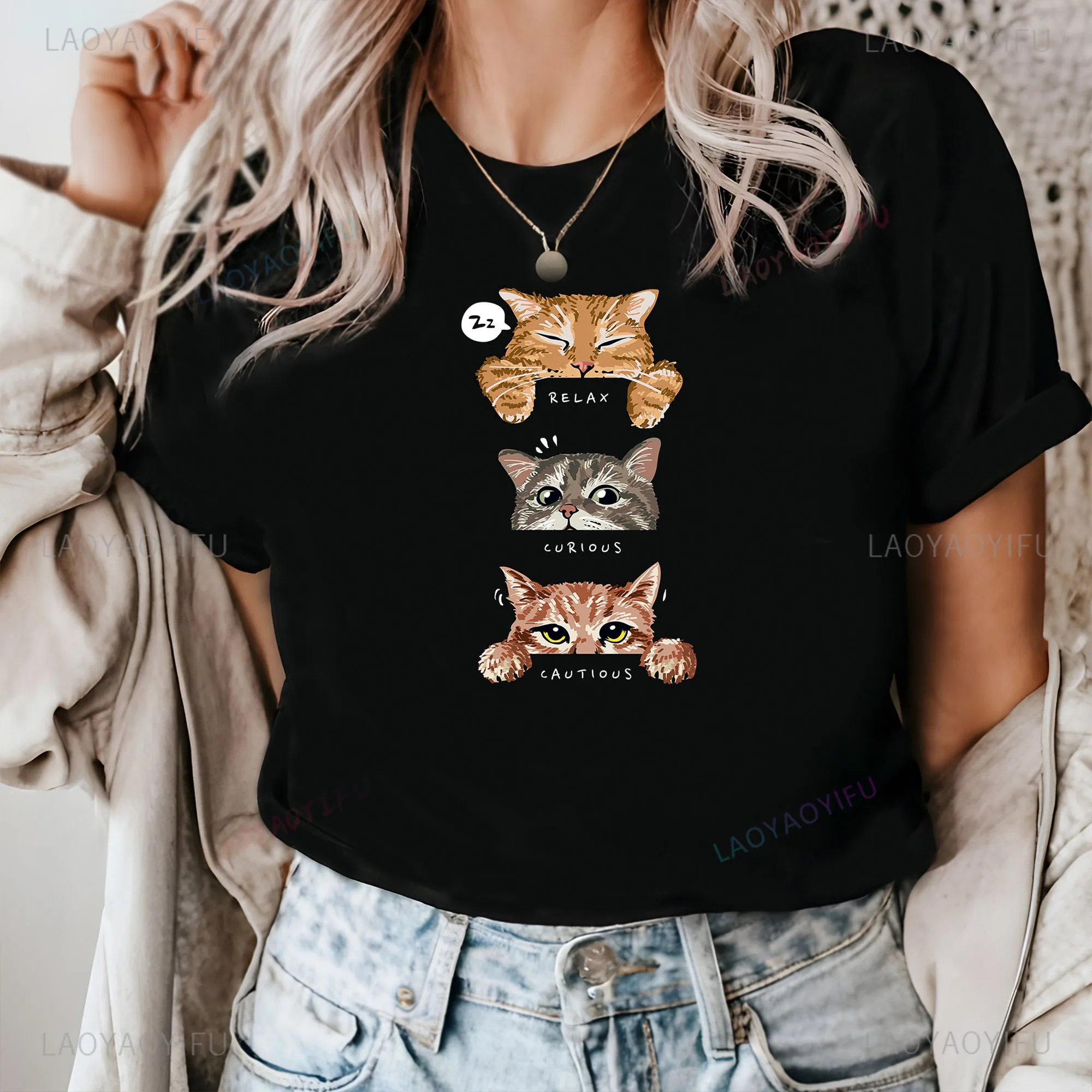 Kawaii Cute Cat  Graphic T Shirts  Women Clothes Girlfriends and Sisters Short Sleeve Dress Harajuku Cotton FunnyTops Tee Shirt image 2