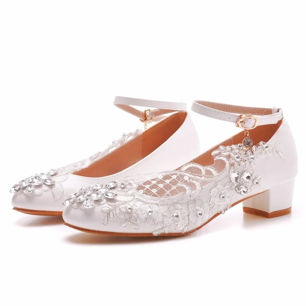 Women Pumps New High Heels Round Toe Wedding Lace Rhinestone PU 3.5CM Square Heel Buckle Strap Bride Pumps Outdoor Shoes