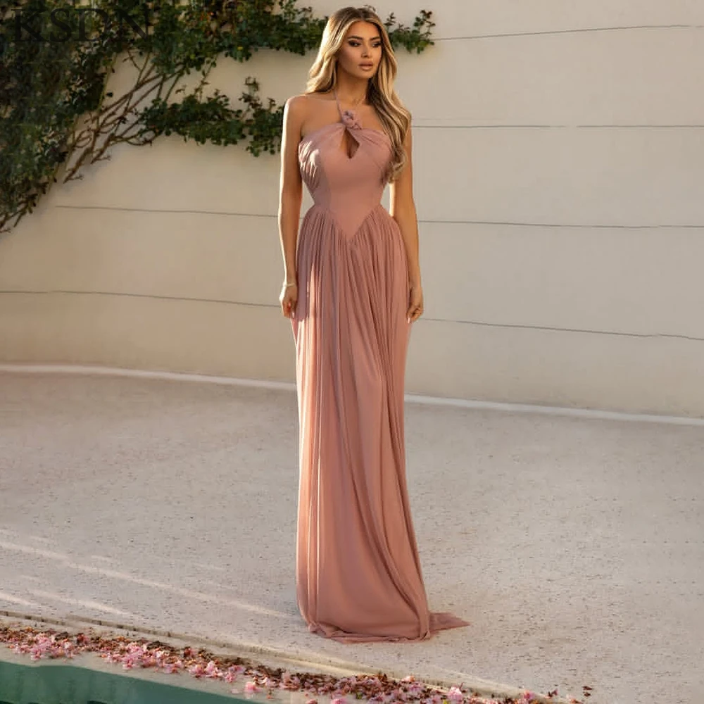 

KSDN Sexy Halter Evening Dresses Luxury Sleeveless Sweep Train Dress Elegant Women Formal Occasion Prom Gowns Vestidos