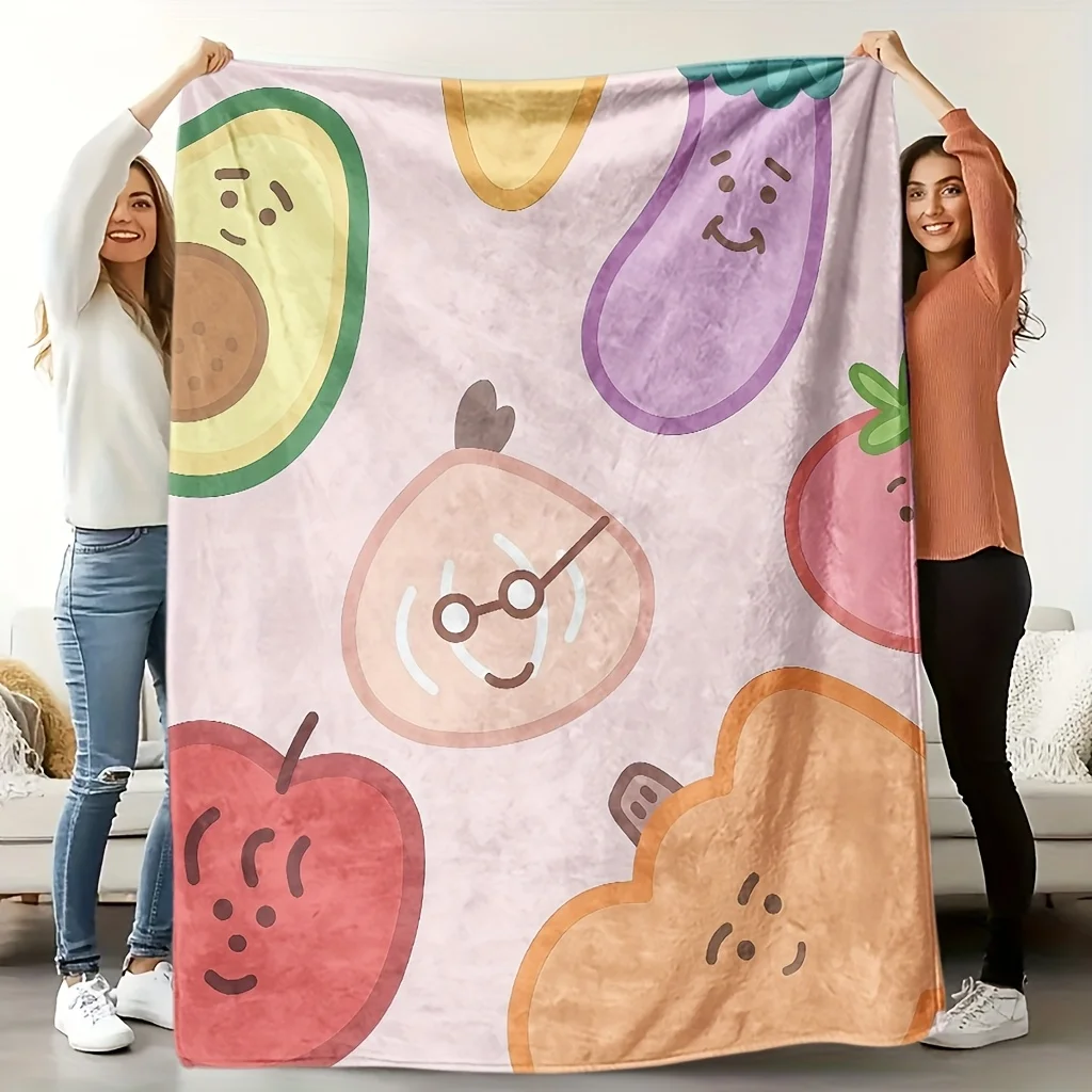 Cozy Cartoon Fruit Pattern Fleece Blanket, Soft High-Definition Digital Print, Perfect Gift, All-Season, Soft, Breathable