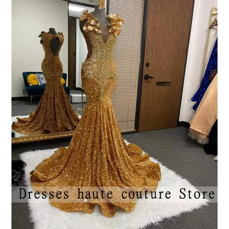 

Luxury Gold Prom Dresses For Girls 2026 Mermaid Shinny Sequins Beaded Flowers Evening Dress Long Birthday Party Gowns Customized