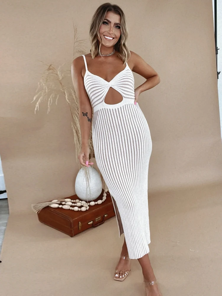 Striped Pattern Cut Out Slit Hem Sweater Dress for Women French Holiday Style Hollow Sunscreen Knitted Halter Dresses A3102