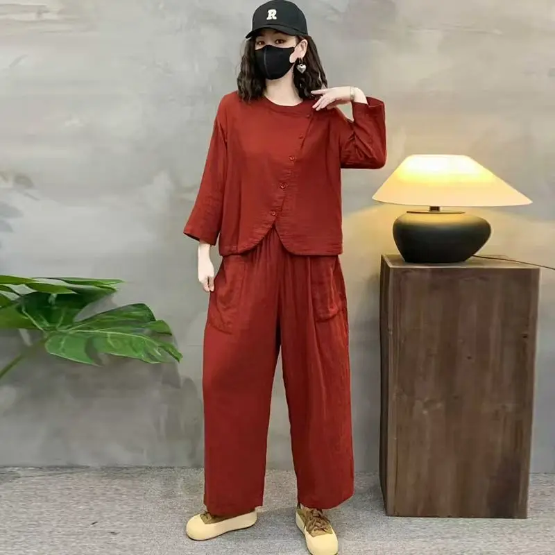 ชุดเซ็ตสองชิ้นสไตล์จีนสำหรับผู้หญิง ฤดูใบไม้ร่วงปี 2025 เสื้อแขนเจ็ดส่วนแฟชั่นลำลอง กางเกงฮาเร็มทรงหลวม