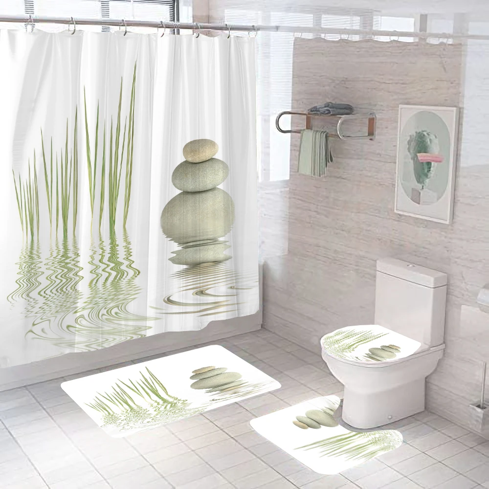 Flowers Zen Stone Shower Curtain Sets with Non-Slip Rugs Toilet Lid Cover and Bath Mat Waterproof Bathroom Curtains Home Decor