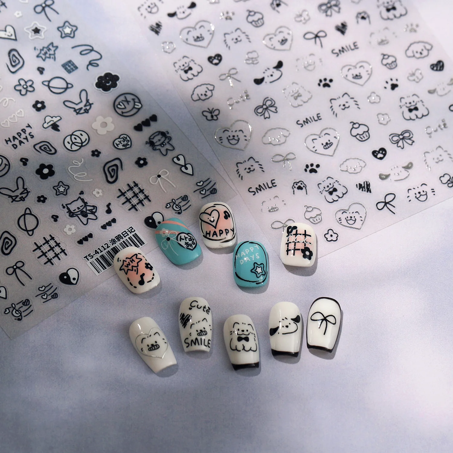 Precioso dibujo animado Graffiti perro Bowknot flor amor corazón 3D autoadhesivo pegatinas para decoración de uñas lindo gato conejo cachorro calcomanías de manicura