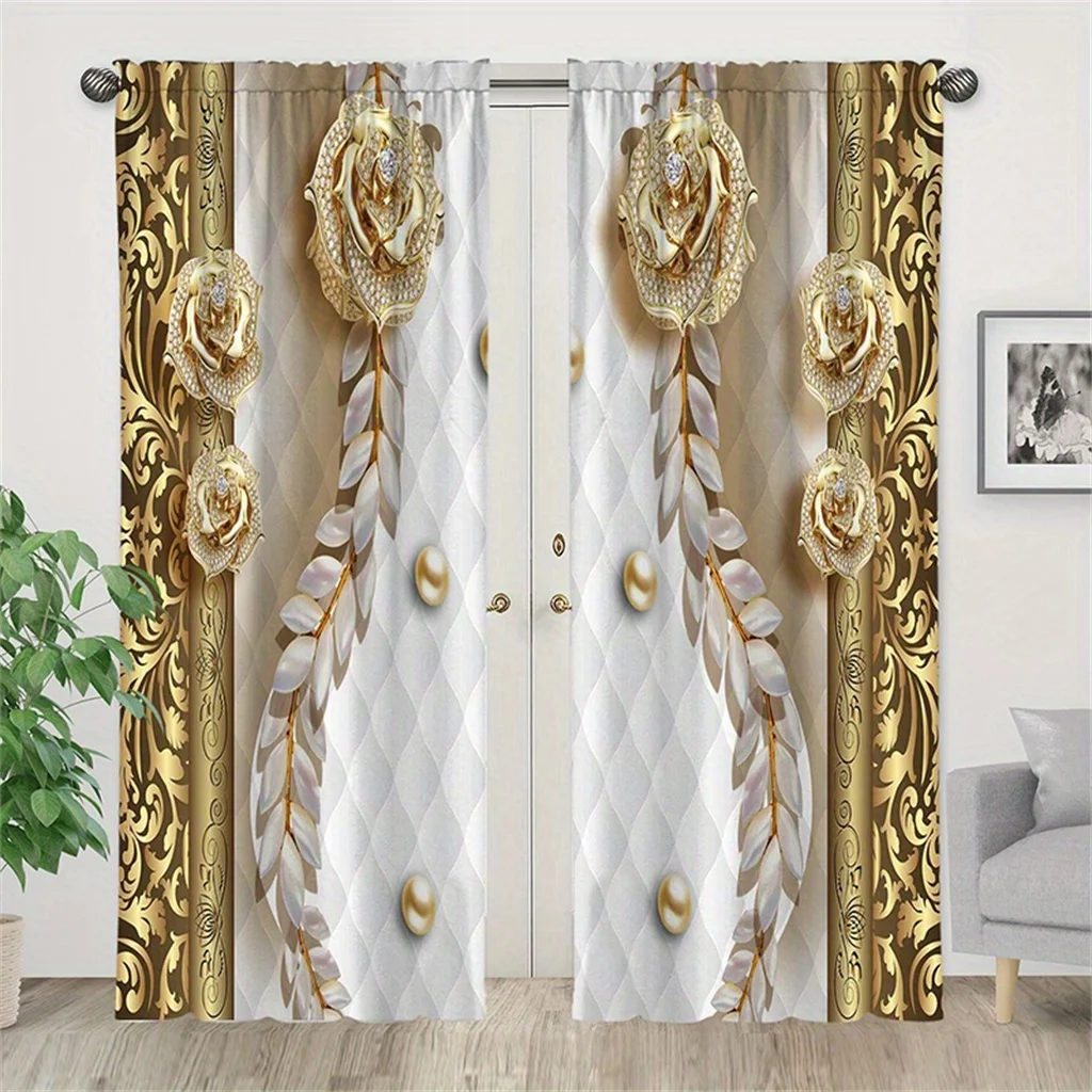 

2pcs Golden Flowers Crystal Pattern Curtain Study Room Kitchen Living Room Dorm Window Drapes Bedroom Accessories Home Decor