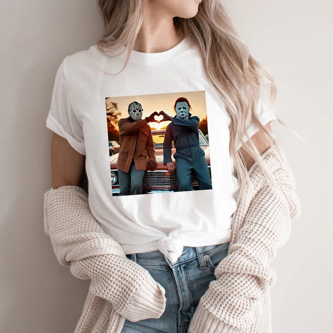 90s Horror Movie T Shirt Michael and Jason Heart Hands T-Shirts Unisex Graphic T Shirts Funny Halloween T-shirt Halloween Gifts