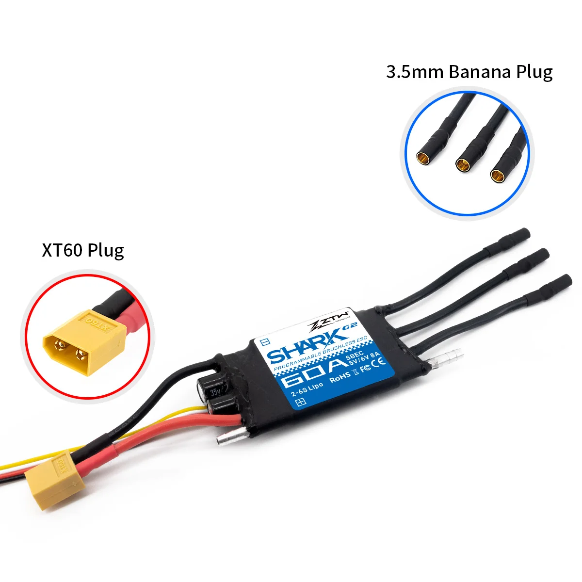 ZTW Shark G2 ESC 20A/30A/40A/50A/60A/80A/100A/120A 2-6S SBEC 5V/6V 8A Wasser Kühlung Zwei-weg Für RC Boot Unterwasser Thruster