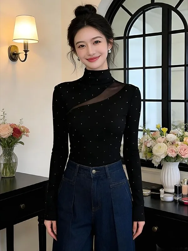 

plus Size Women's Korean Style Long Sleeve Mesh Hollow out T-Shirt Glitter Design Spring Early Fashion Top Ladieswear