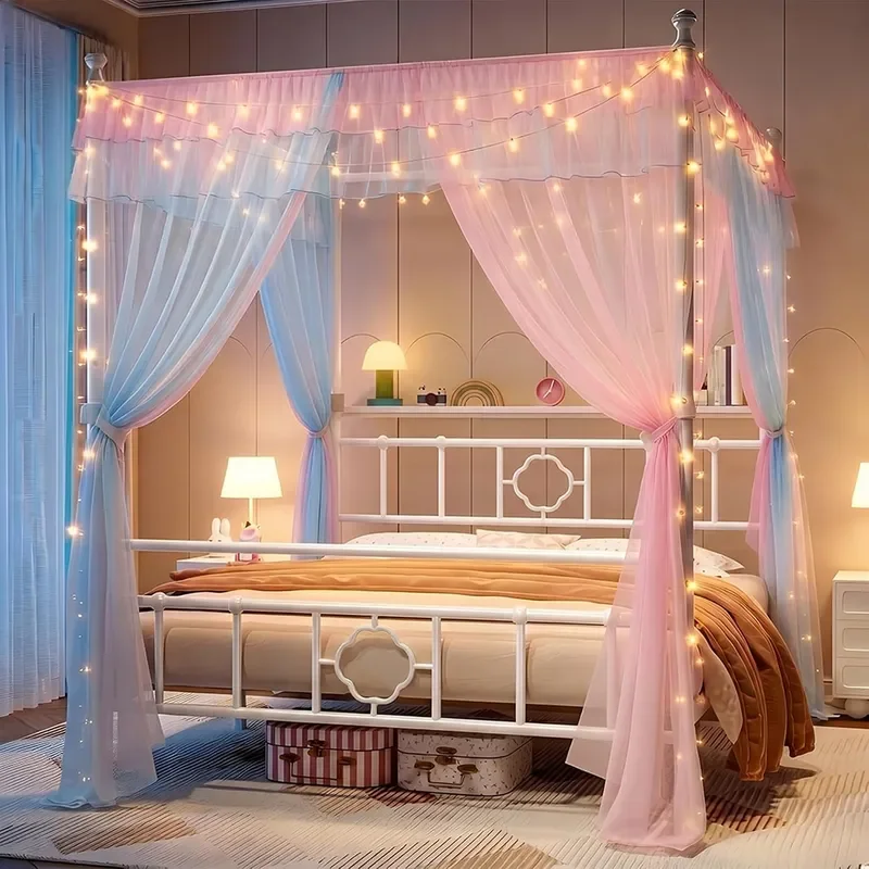 Queen Canopy Bed Frame with Storage Headboard White Metal