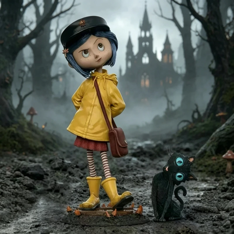 Boneco de Ação Coraline Jones 20cm PVC com Capa de Chuva Amarela e Gato Preto - Modelo Colecionável Temático de Filme de Terror - Presente