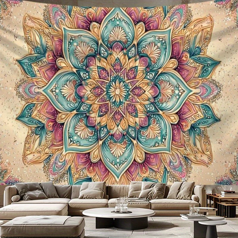VIKAMA Colorful Mandala Tapestry Blue-Green Neon Pattern Living Room Bedroom Bohemian Decorative Art Wall Background