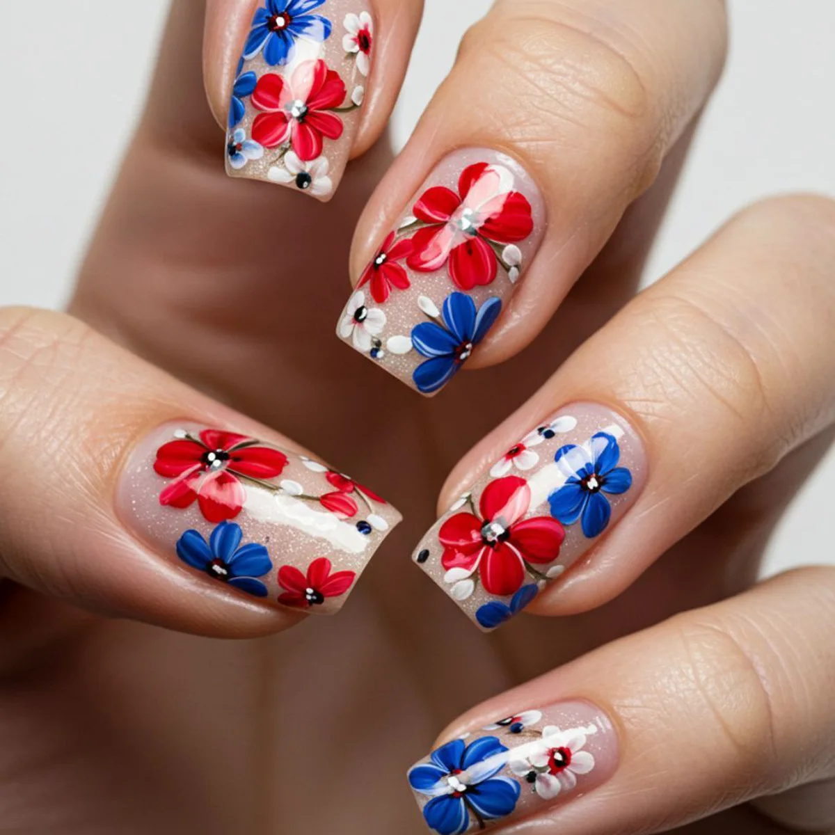 

24Pcs Colorful Flowers Pattern Design Fake Nails Short Square Head False Nails Press on Wearable Acrylic Full Cover Manicure Tip