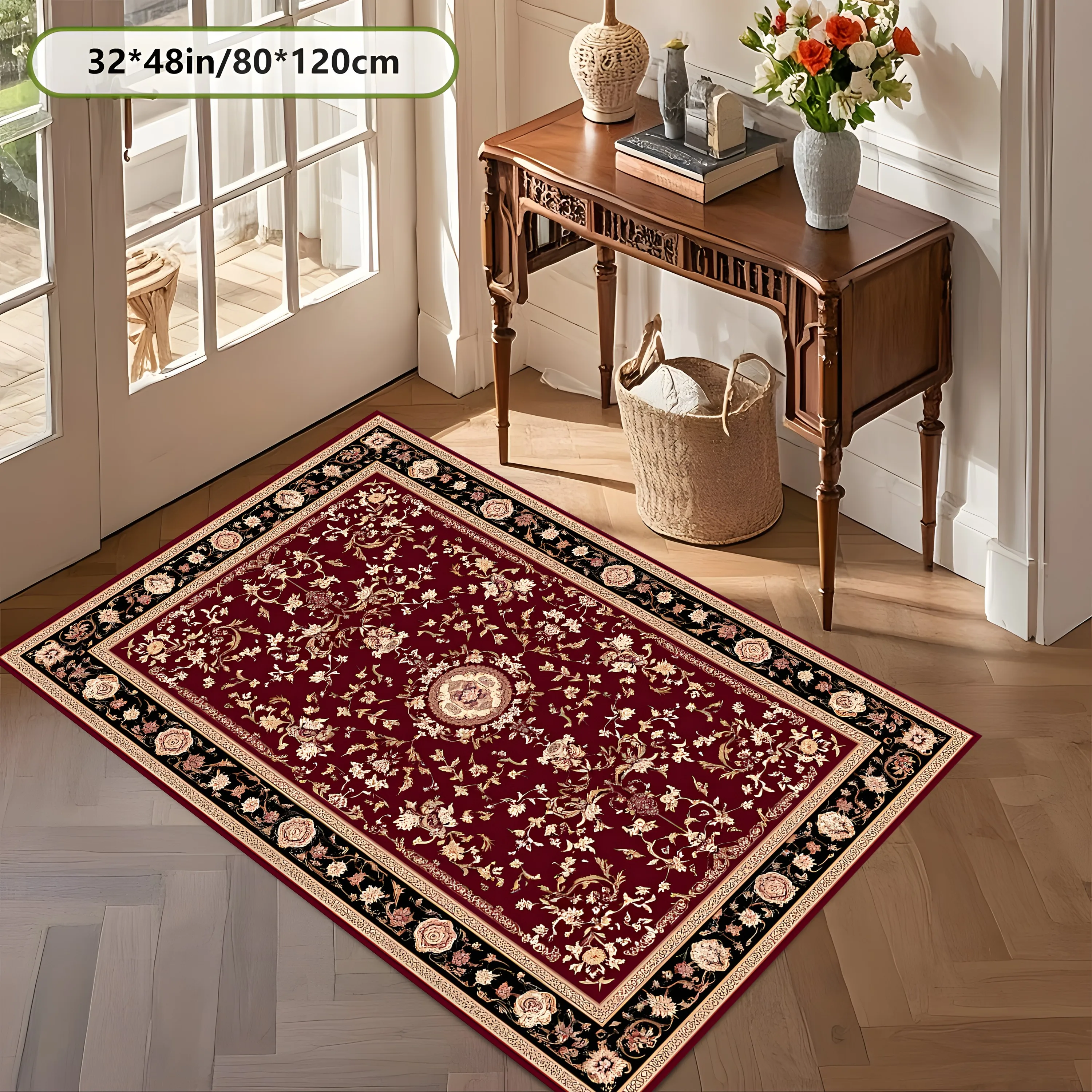 2D Carpet with Red Persian Rosette Vine Pattern in European Retro Style for Living Room and Bedroom