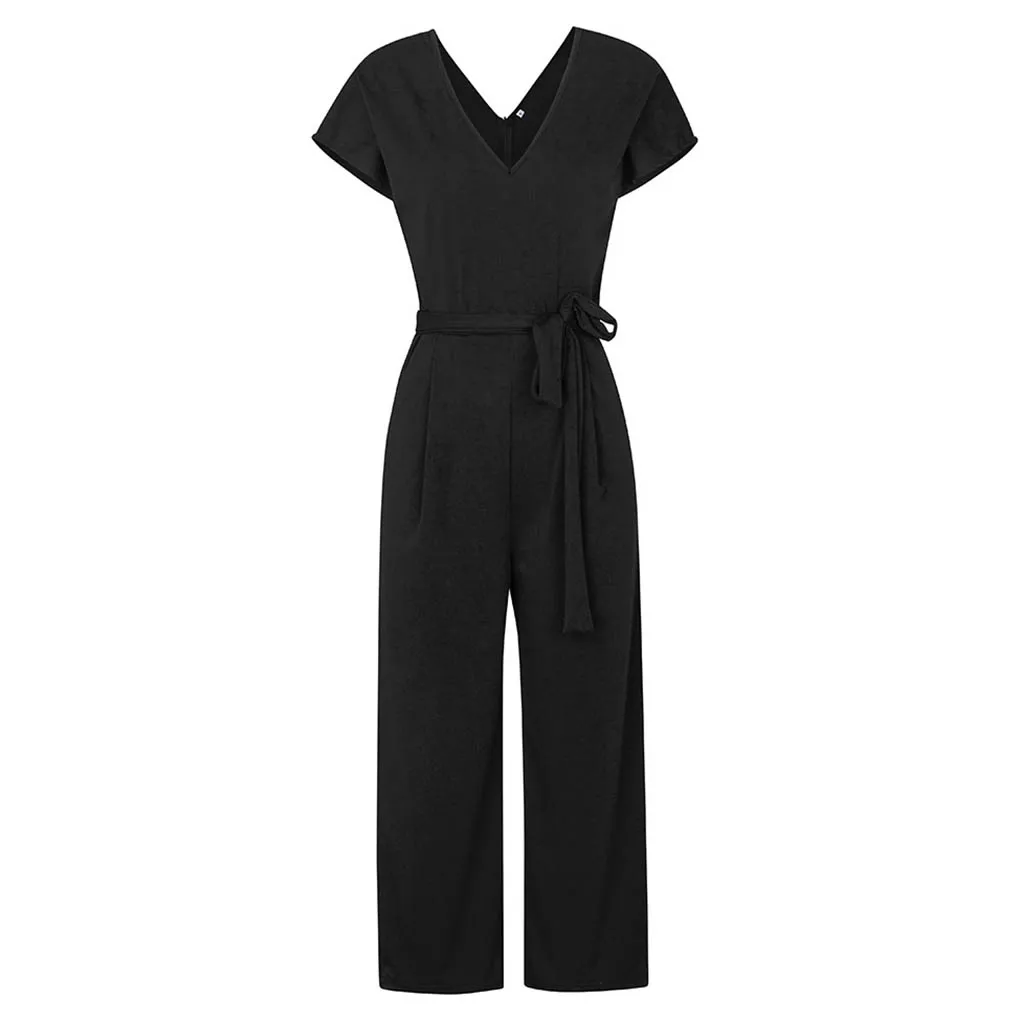 

Women V-neck Jumpsuit Short Sleeve Solid Color Summer Playsuit Rompers
