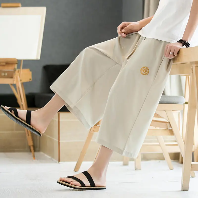 Ice Silk Wide Leg Men's 7/8 Length Summer Loose Fit Casual orts Thin Fabric Comfortable Elastic Waist Straight Tube Pants