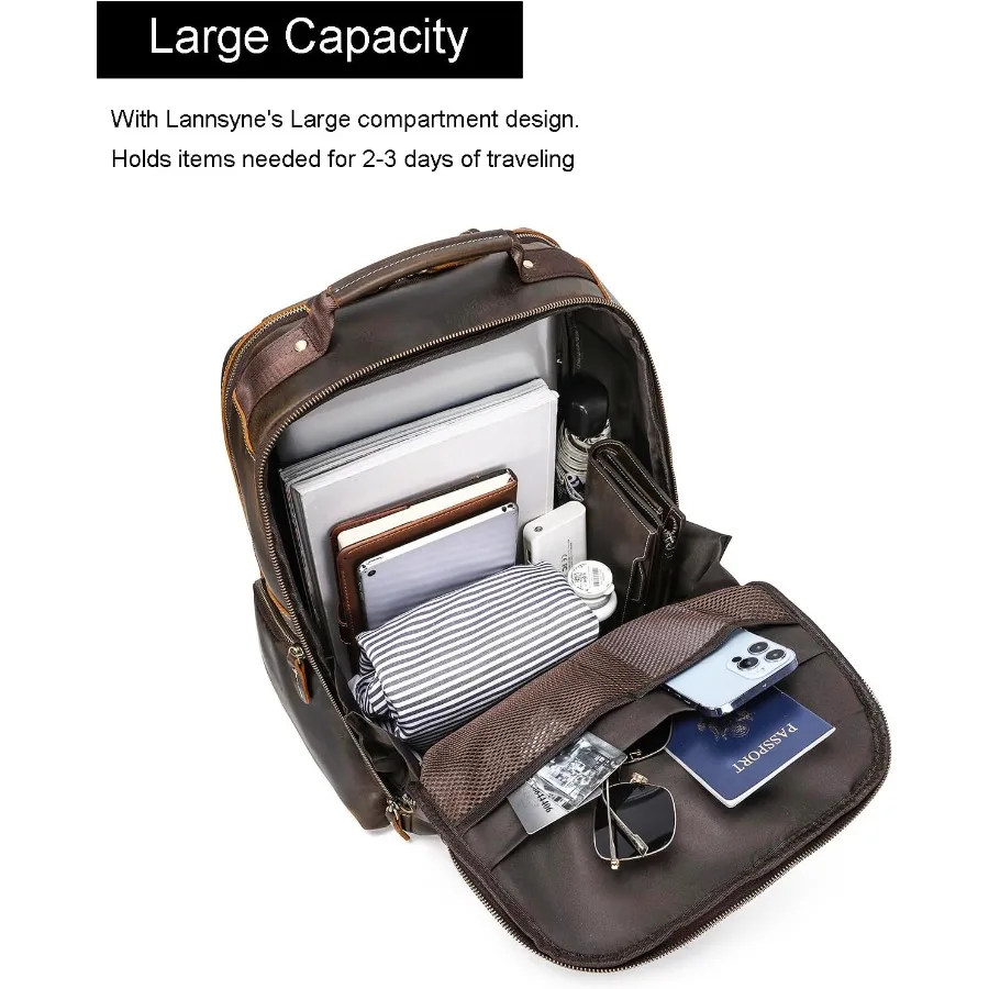 حقيبة ظهر كلاسيكية للرجال من LANNSYNE مصنوعة من الجلد المحبب بالكامل تناسب كمبيوتر محمول مقاس 17.3 بوصة حقيبة كتف كبيرة غير رسمية للسفر/التخييم/H #3