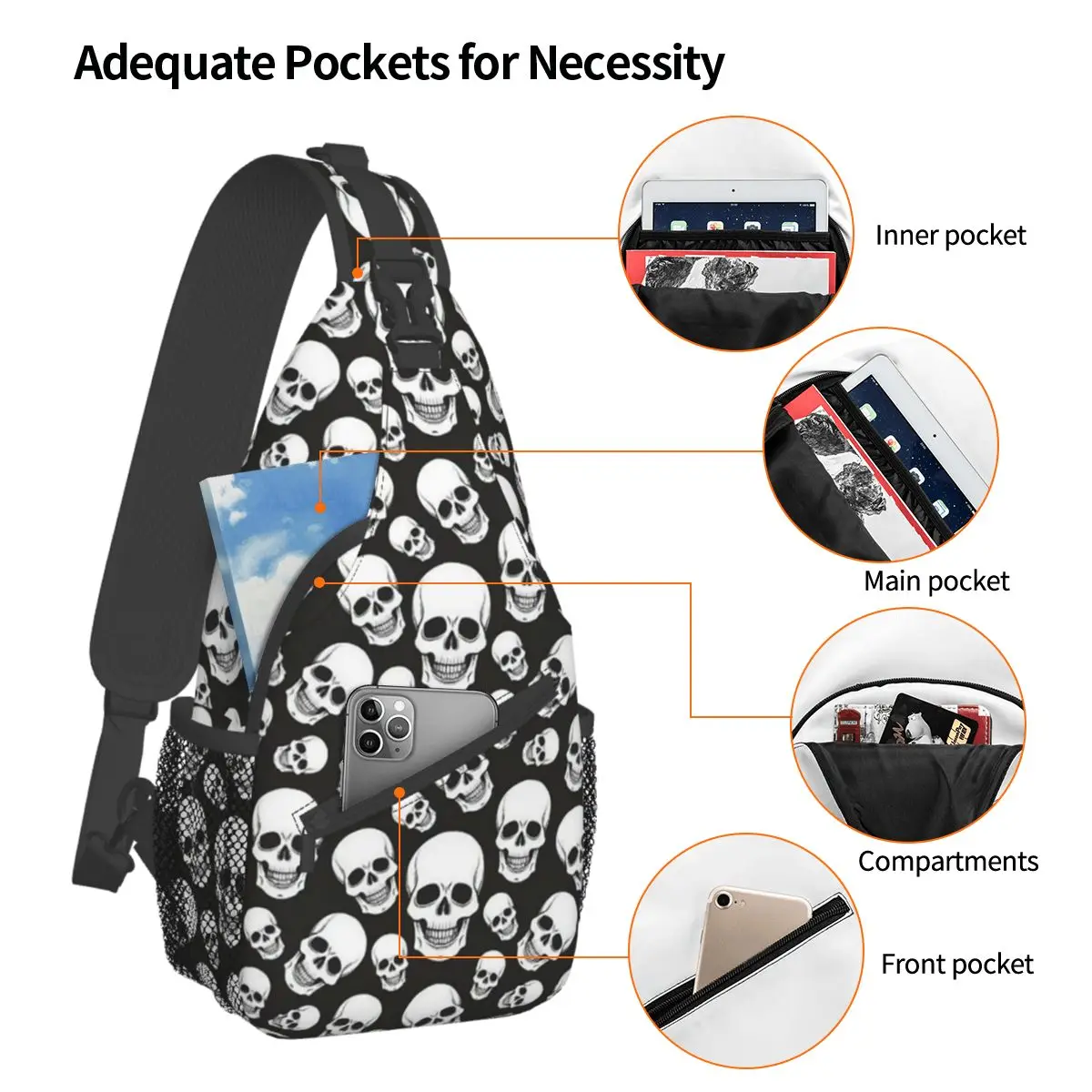 Gothic Death Skull Sling Bag Borst Crossbody Schouder Sling Rugzak Wandelen Reizen Daypacks Patroon Schooltassen