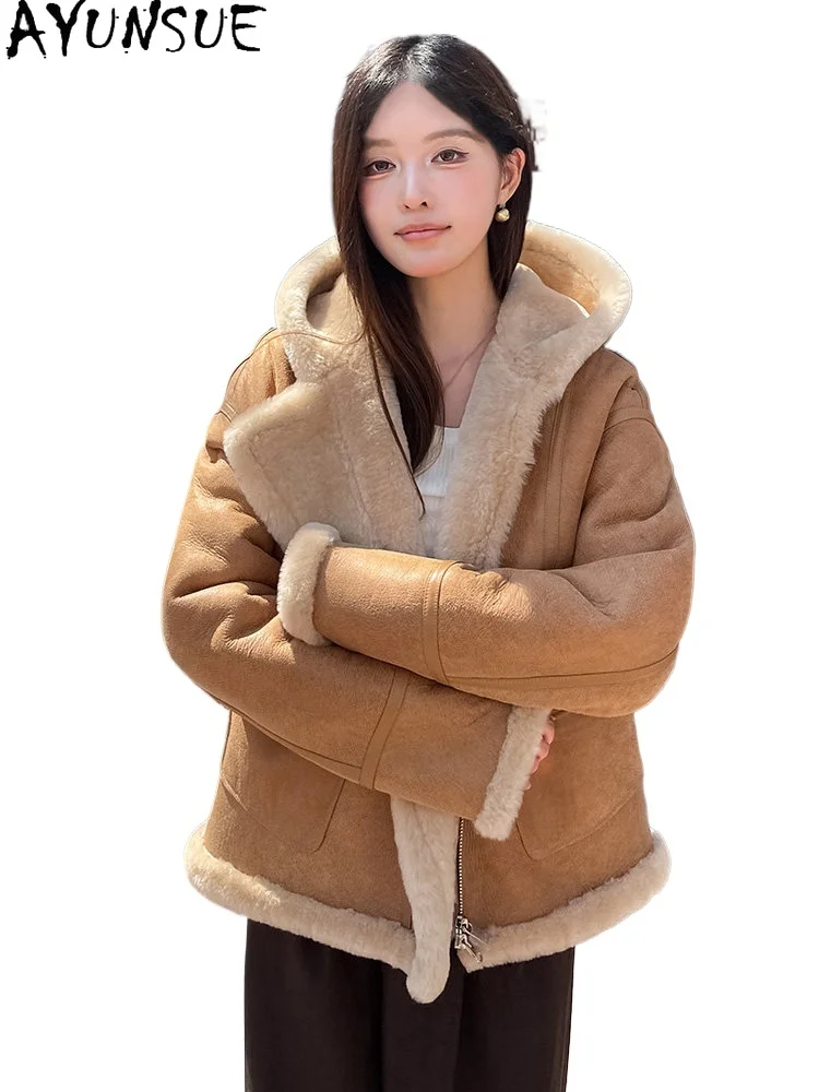 

AYUNSUE Натуральная куртка из овчины мериноса, женская куртка из натуральной кожи, зимняя одежда, худи, новинка в категории пальто 2026, женское пальто