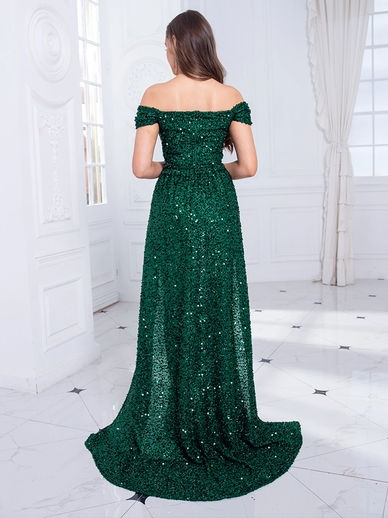 Off Shoulder Ruched Sequined Elegant Prom Gown Sleeveless Navy Green Evening Dress Floor Length