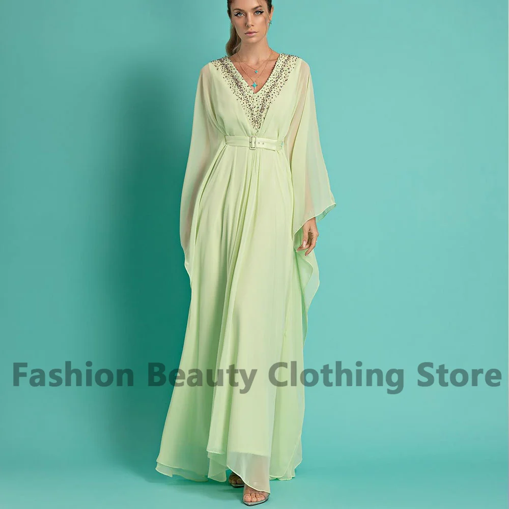 

Elegant Party Gown A-Line With Flare Long Sleeves V-Neck Ribbon Beaded Chiffon Party Dresses Ankle-Length Formal Prom Dress