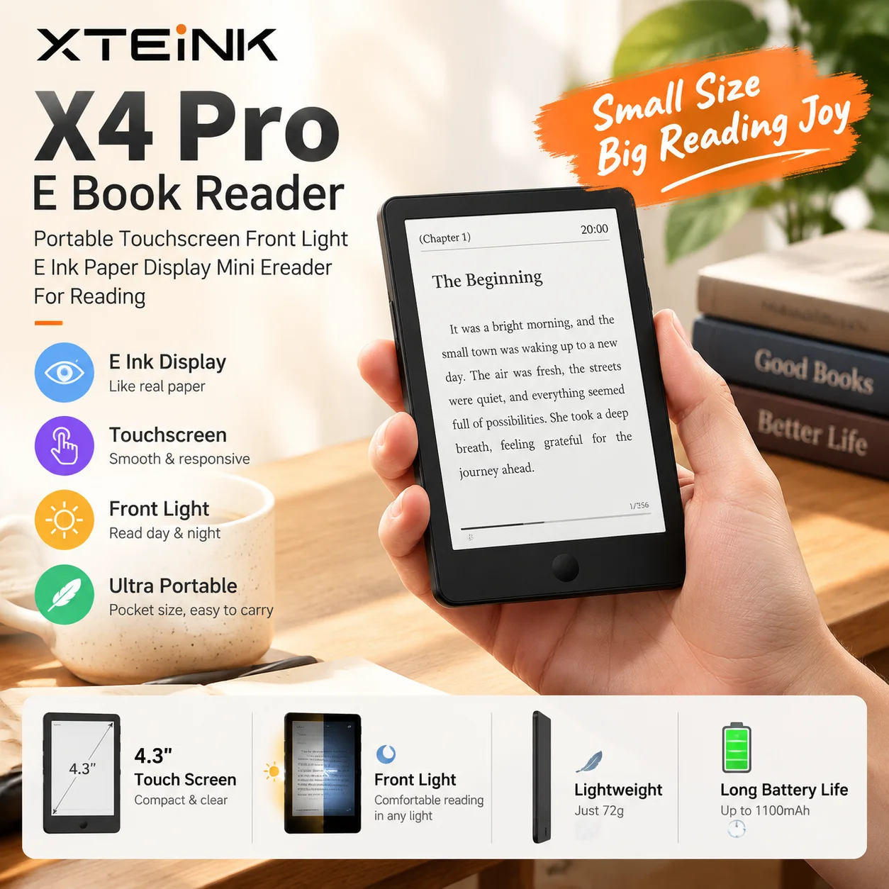 XTEINK X4 Pro E Book Reader Portable Touchscreen Front Light E Ink Paper Display Mini Ereader For Reading
