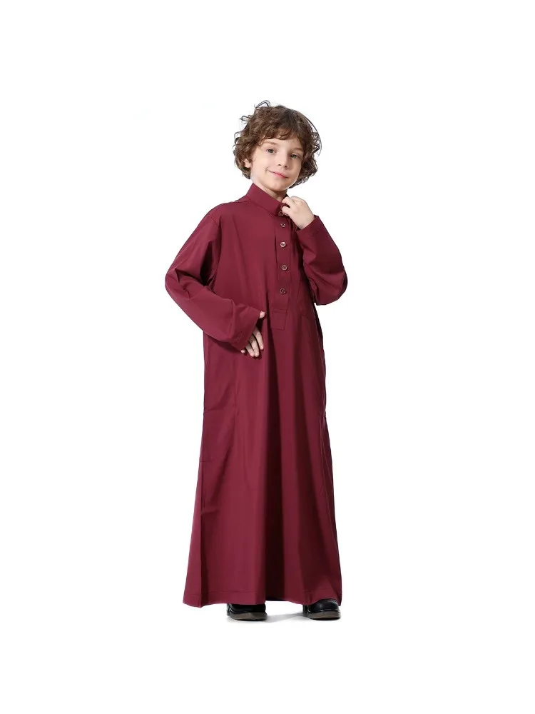 Abito lungo musulmano ragazzo abbigliamento estivo 2025 moda islamica rosso Jubba Thobe festa serale Malesia Eid preghiera caftano