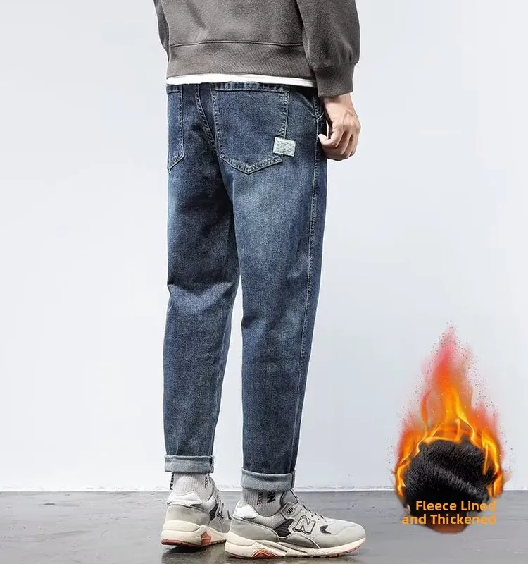 

Модные мужские прямые джинсы на подкладке, повседневная универсальная рабочая одежда с девятью точками, длинные брюки, осень-зима, Новое поступление