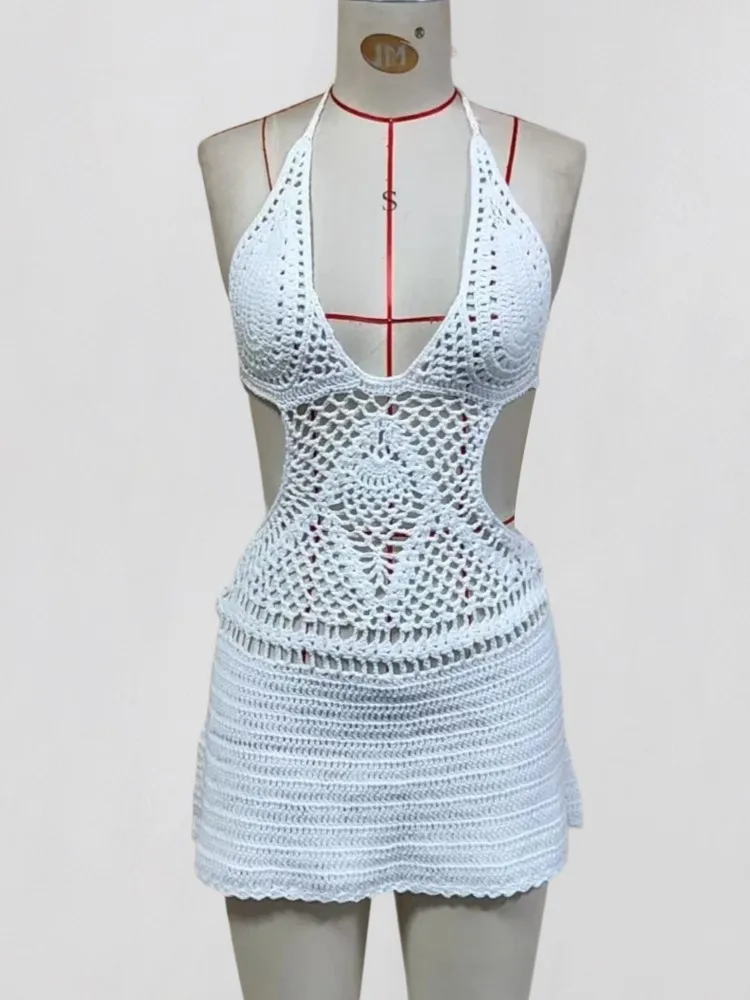 セクシーなカットアウトニット水着カバーアップパレオチュニックドレス2026夏ビーチミニドレスビキニカバーアップ女性ビーチウェア