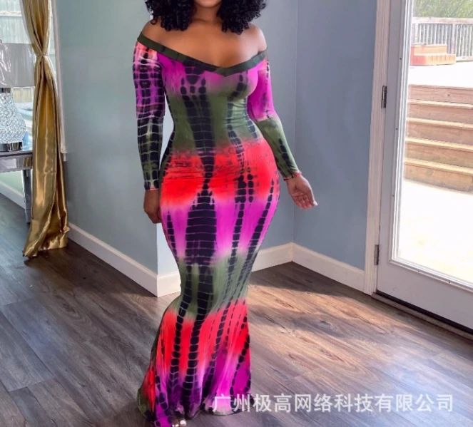 

Sexy Elegant Colorful Tie Dyed Long Sleeved One Shoulder Tight Fitting Long Skirt- Not Positioned New Fashion 2024 Summer Casual